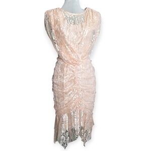 Vintage 80's Barone Lace Ruched Dress, Peach Pink Color, Size 7/8